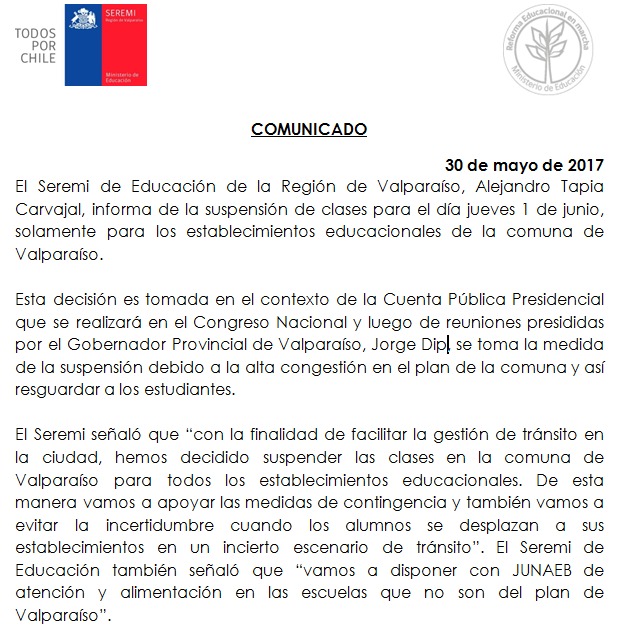 INFORMACIÓN: Suspensión de clases por cuenta pública